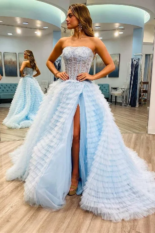 Tiered Light Blue Strapless A-Line Prom Dress with Slit Best-selling unclassified dresses