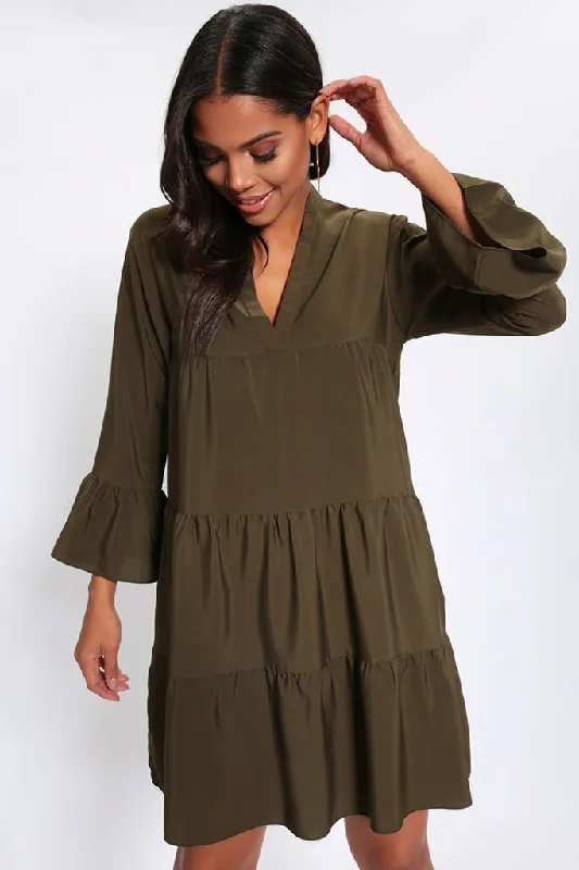 Khaki Tiered Smock Dress Earthy tone unclassified dresses