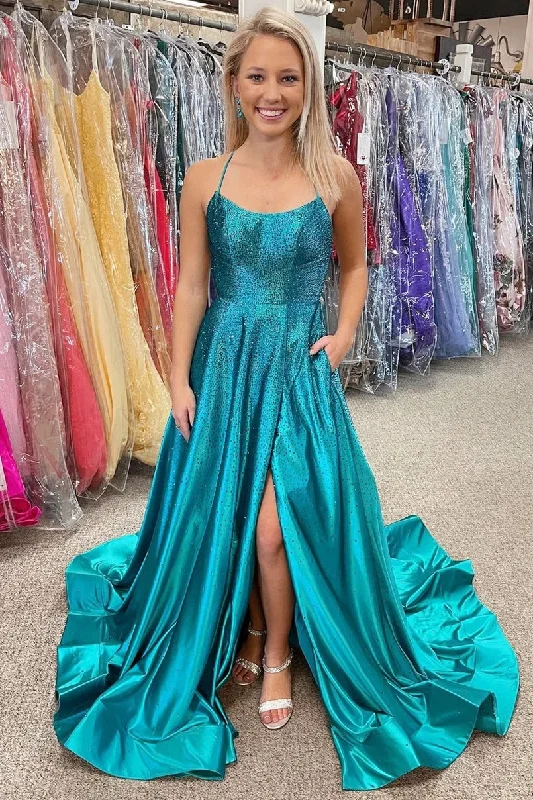 Turquoise Beaded Halter Backless A-Line Prom Dress Minimalist unclassified dresses