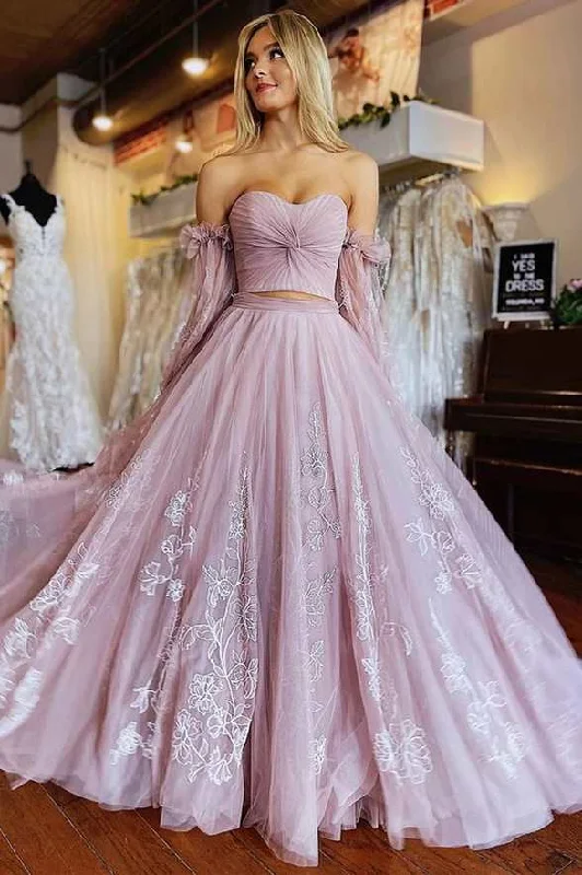 Two-Piece Dusty Pink Strapless A-Line Prom Dress with Sleeves Pastel unclassified dresses