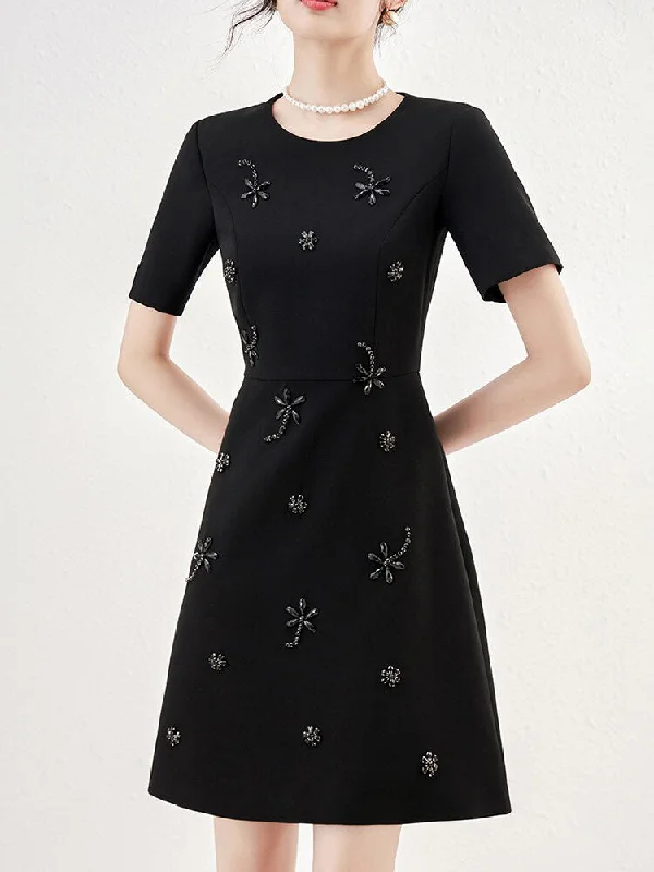 Short Sleeve Spliced Diamonds Dress High-waist Skirt Trend