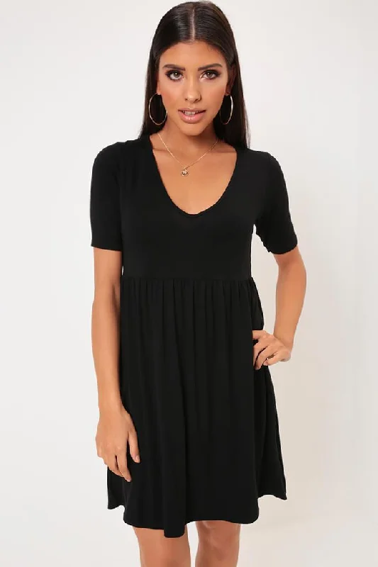 Black V-Neck Jersey Smock Dress Holiday unclassified dresses