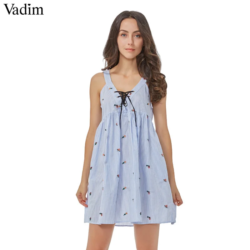 Vadim women sexy V neck flower embroidery striped spaghetti strap dress Sequin unclassified dresses