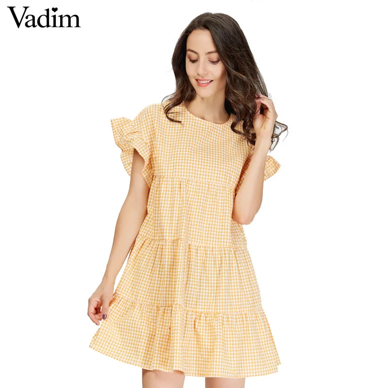 Vadim women sweet ruffles plaid pleated dress Soft fabric unclassified dresses