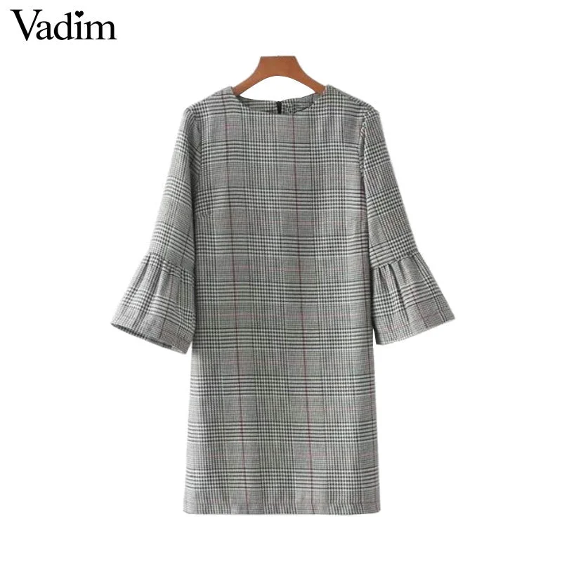 Vadim women vintage flare sleeve houndstooth dress Spring unclassified dresses