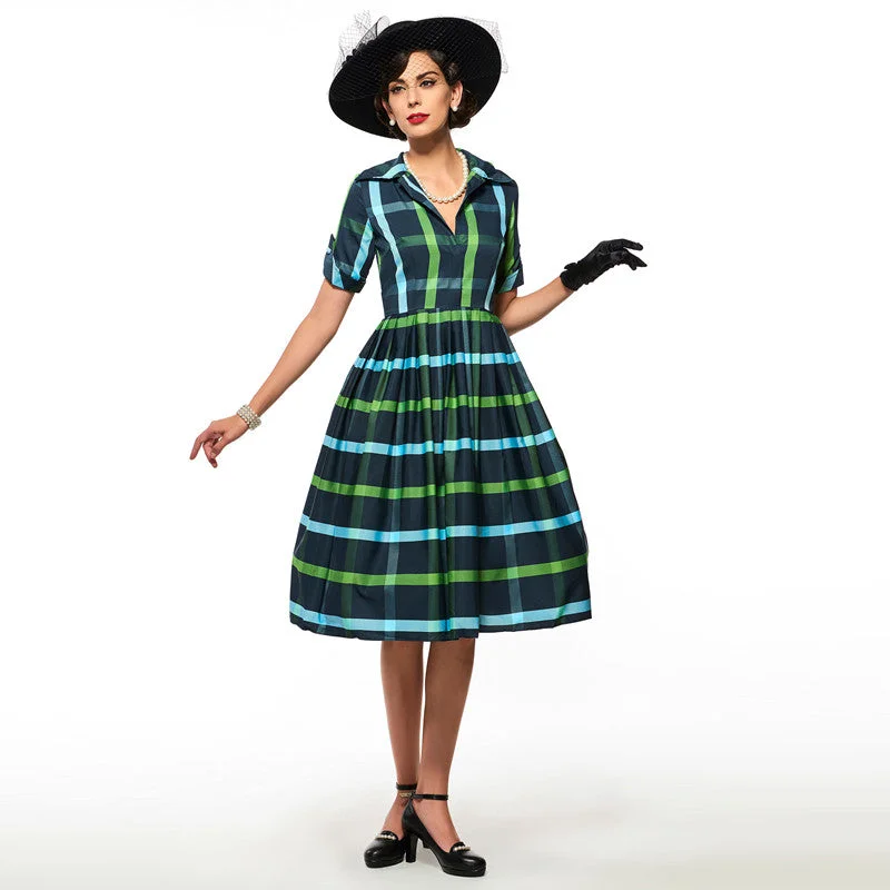 Vintage Plaid Dress With V-Neck Denim unclassified dresses