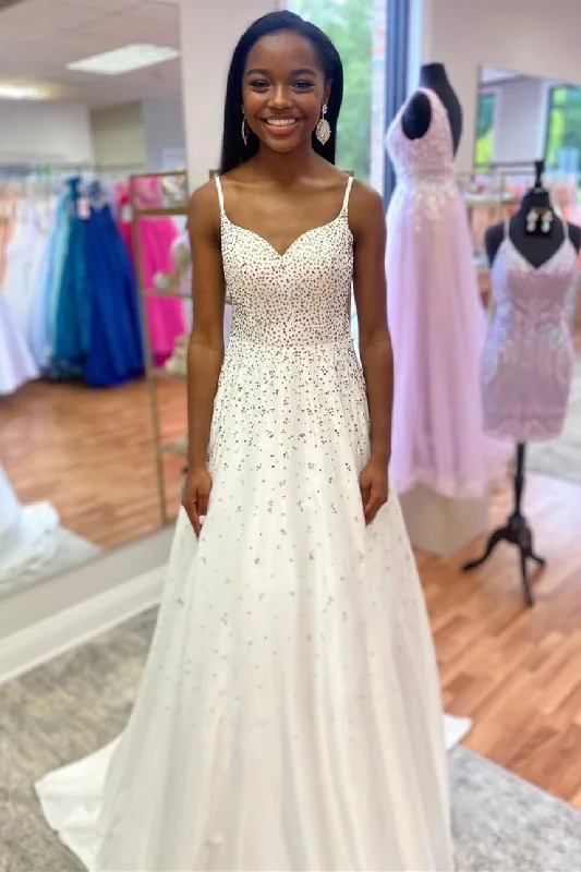 White Beaded Queen Anne Cutout Back A-Line Prom Gown Spring unclassified dresses