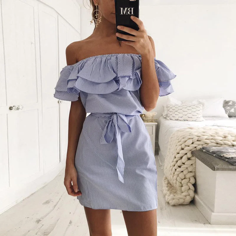 Women's Off Shoulder Slash-Neck Dress With Belt Knitted unclassified dresses