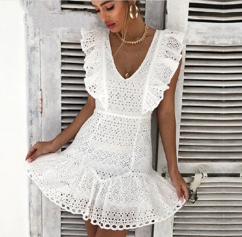 Women's Summer Cotton V-Neck Ruffled Dress With Embroidery Unique unclassified dresses