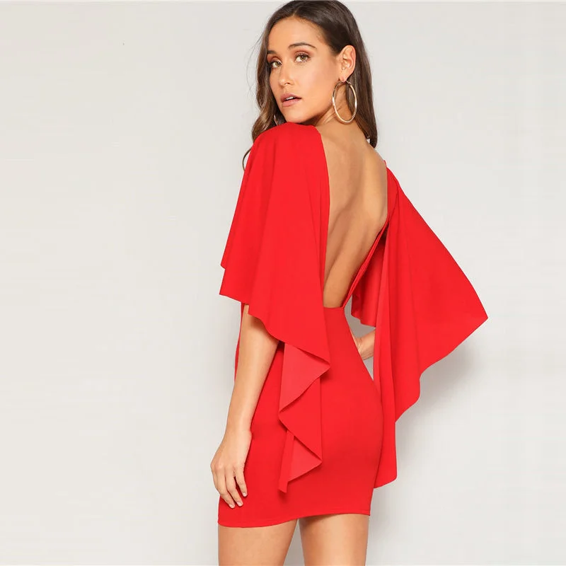 Women's Summer O-Neck Backless Mini Dress Tie Waist Mini Skirt