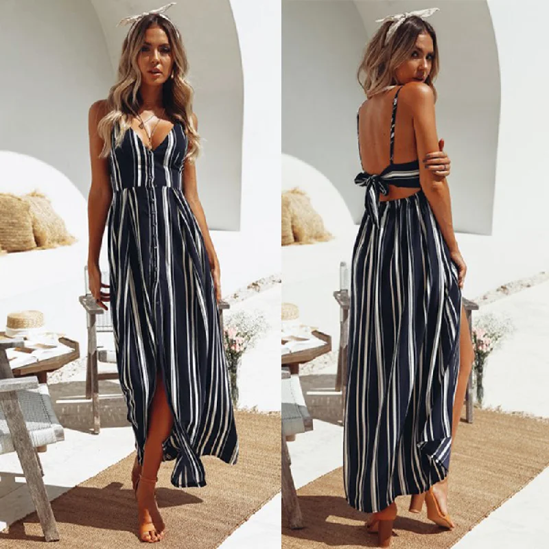 Women's Summer V neck High Waist Striped Backless Dress Tiered unclassified dresses