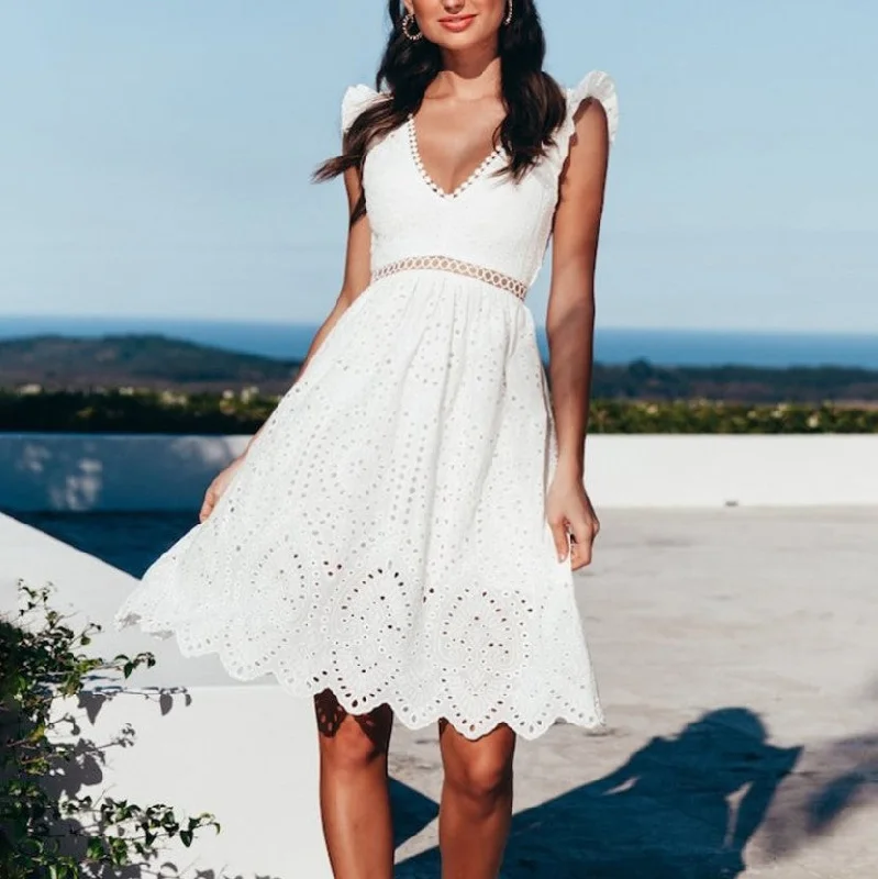 Women's Summer Vintage Cotton Backless V-Neck Ruffled Dress With Embroidery Tiered unclassified dresses