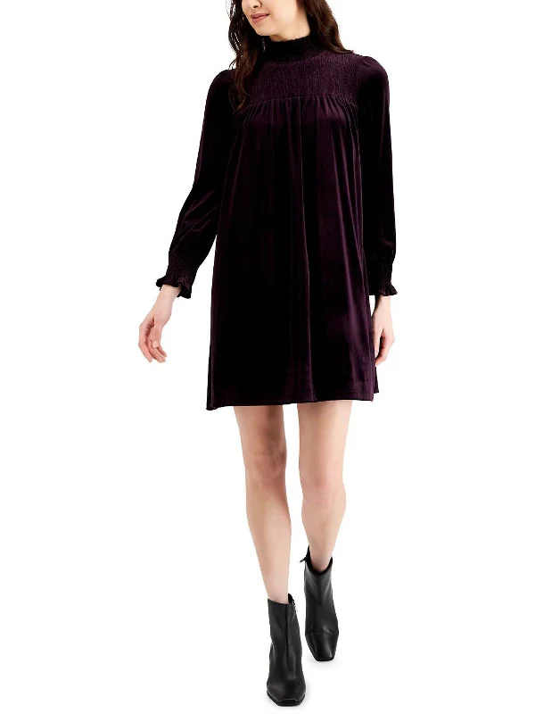 Womens Velvet Smocked Shift Dress Vacation unclassified dresses