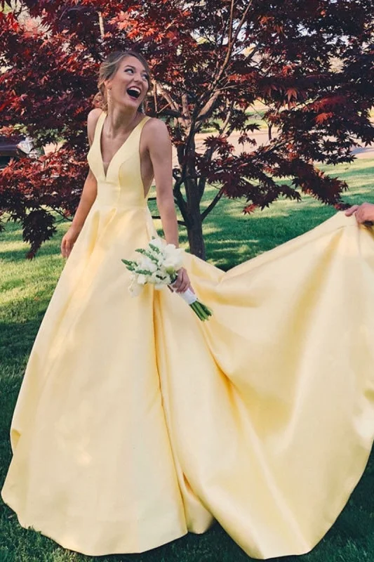 Yellow A-Line V-Neck Empire-Waist Sleeveless Satin Formal Prom Dress Women's unclassified dresses