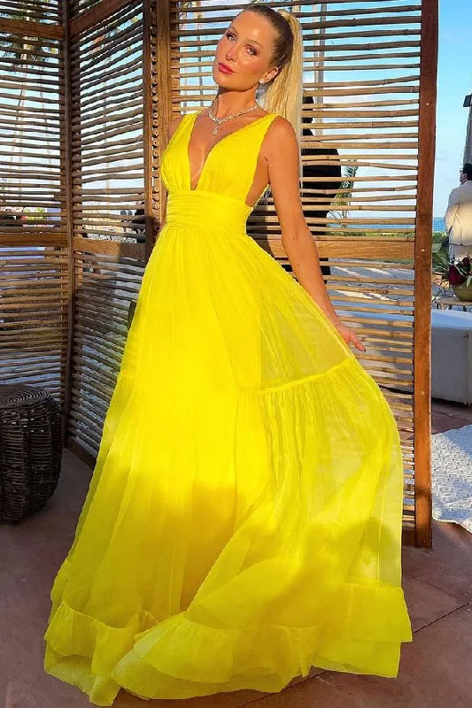 Yellow A-Line V-Neck Straps Empire-Waist Prom Formal Dress Summer unclassified dresses