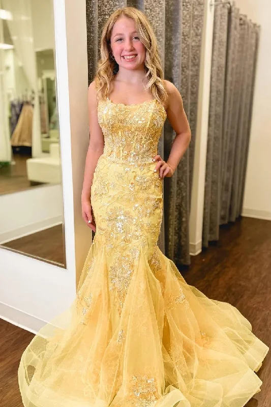 Yellow Mermaid Straps Appliques Sleeveless Prom Dress with Train Stylish unclassified dresses