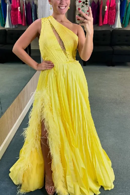 Yellow One Shoulder A-Line Pleated Sleeveless Formal Prom Dress with Feathers Earthy tone unclassified dresses