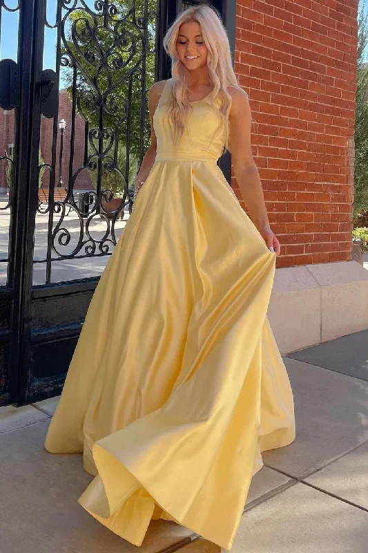 Yellow Round Neck Cutout Back A-Line Formal Dress with Rhinestones Boho unclassified dresses