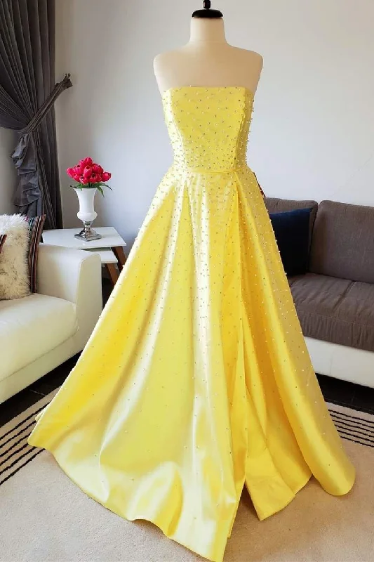 Yellow Satin Beaded Strapless A-line Prom Dress Earthy tone unclassified dresses