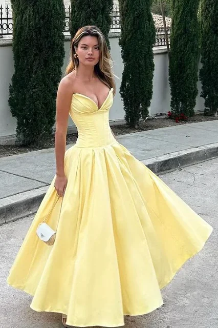 Yellow Strapless V-Neck Satin Pleated Sleeveless Formal Prom Dress Party unclassified dresses