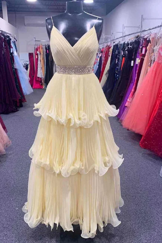 Yellow V-Neck Straps A-Line Tiered Prom Dress Mesh unclassified dresses