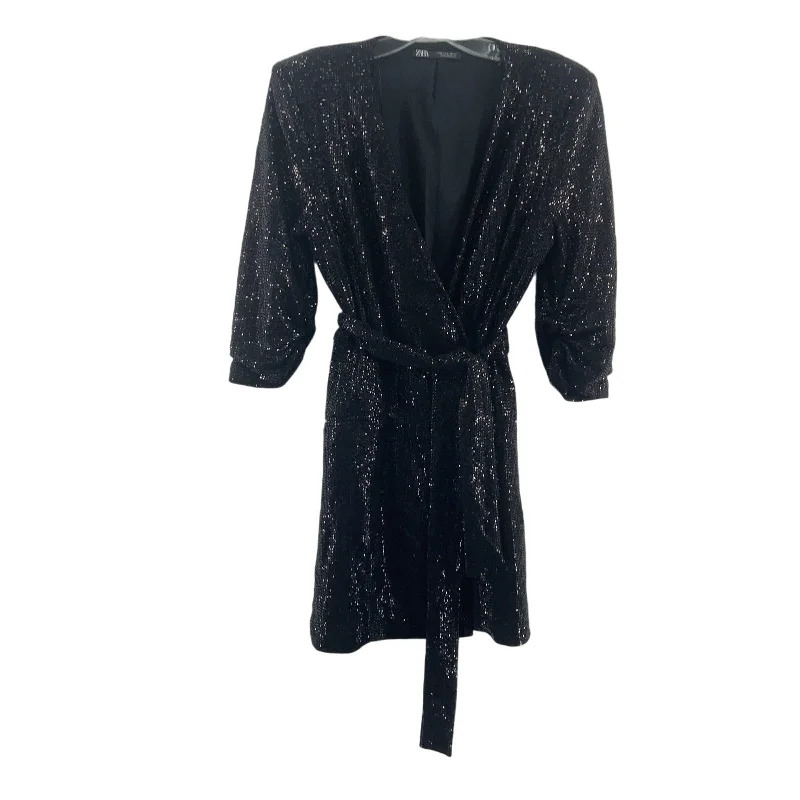 Zara Black Sparkly Belted Wrap Dress Women’s Size Medium Polyester Preowned Breathable unclassified dresses