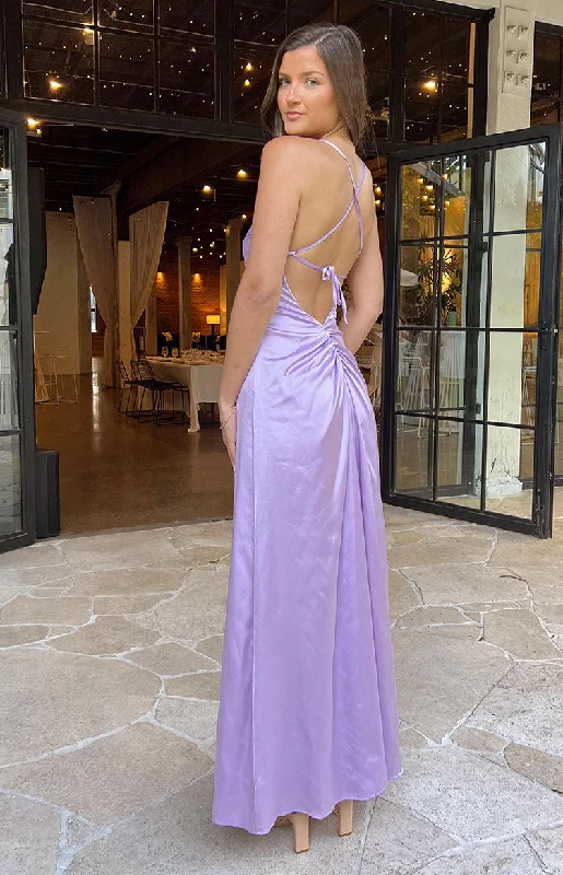 Blaise Lilac Satin Maxi Dress Front Slit Skirt