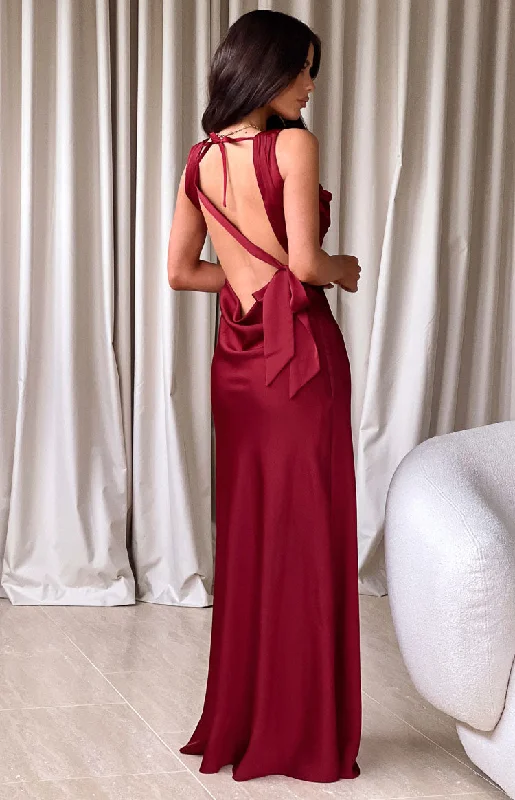 Laria Wine Satin Formal Maxi Dress Flowy Maxi Skirt