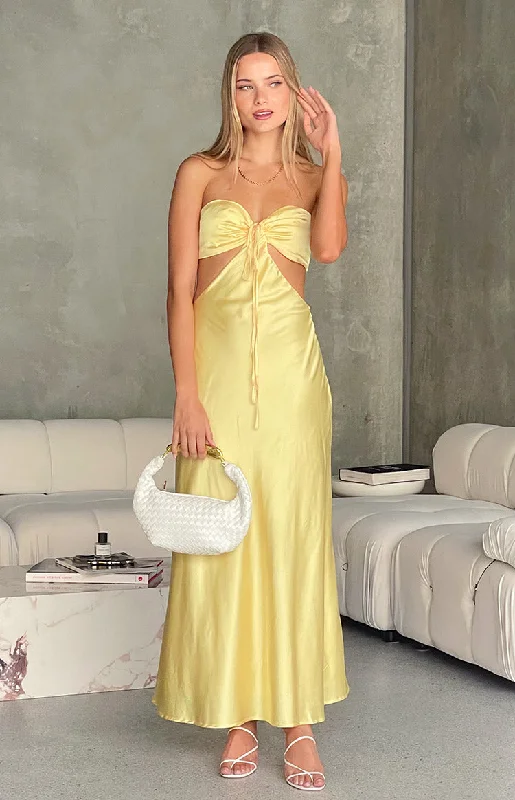 Lili Yellow Satin Strapless Maxi Dress Summer Beach Maxi