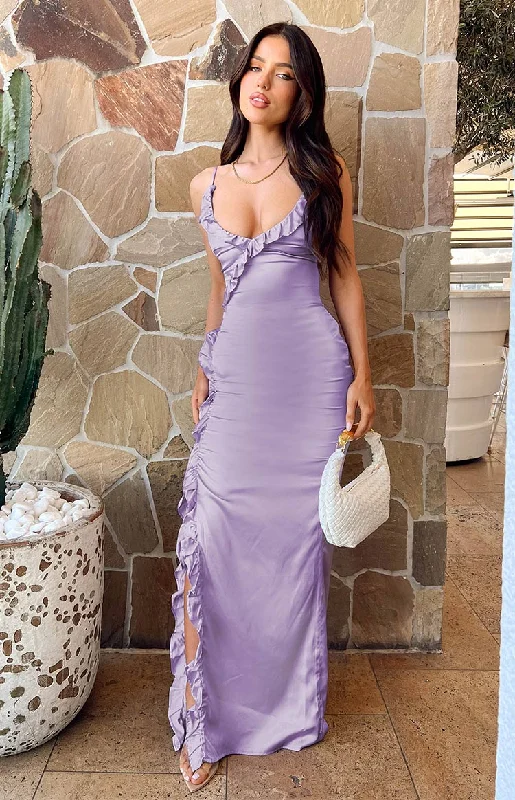 Nahanee Lilac Satin Ruffle Maxi Dress Pleated Floral Maxi