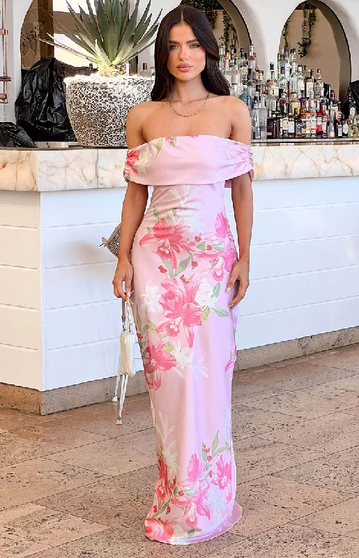 Seraphina Pink Floral Print Off The Shoulder Maxi Dress Soft Maxi Dress