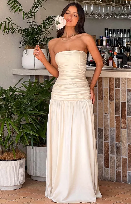 Sinclair Cream Satin Strapless Maxi Dress Layered Maxi Skirt