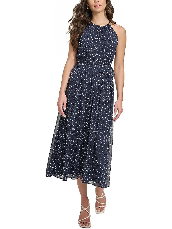 Womens Dots Chiffon Midi Dress Fitted Midi Skirt